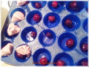 Cherry Almond Cake02 I put a whole cherry into the bottom of each of my mini muffin cups