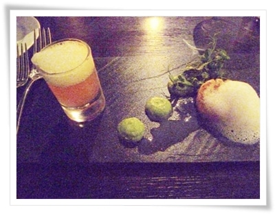 Amuse bouche of scallops, foam and mint leaf puree at Brooklands Brasserie
