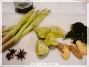 A steaming liquor for fish featured lemongrass, lime, ginger, kaffir lime leaves and star anise