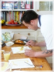 James plates up using silky smooth purees made in the Thermomix