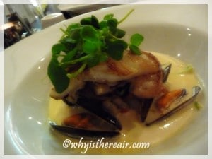 Fillets of Whitby turbot, truffled vegetable nage, poached mixed seafood