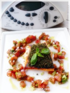 Thermomix version of Matthew Smith‘s Salmon Fillets Incrusted with Peppers, Tomato and Basil Salsa