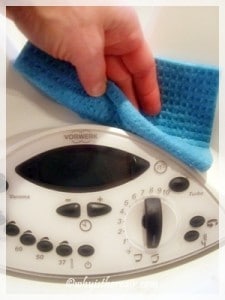The curve above the control panel is easy to wipe clean with a damp cloth or sponge and warm water.